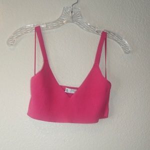 Zara Ribbed Knit Crop Top In Hot Pink